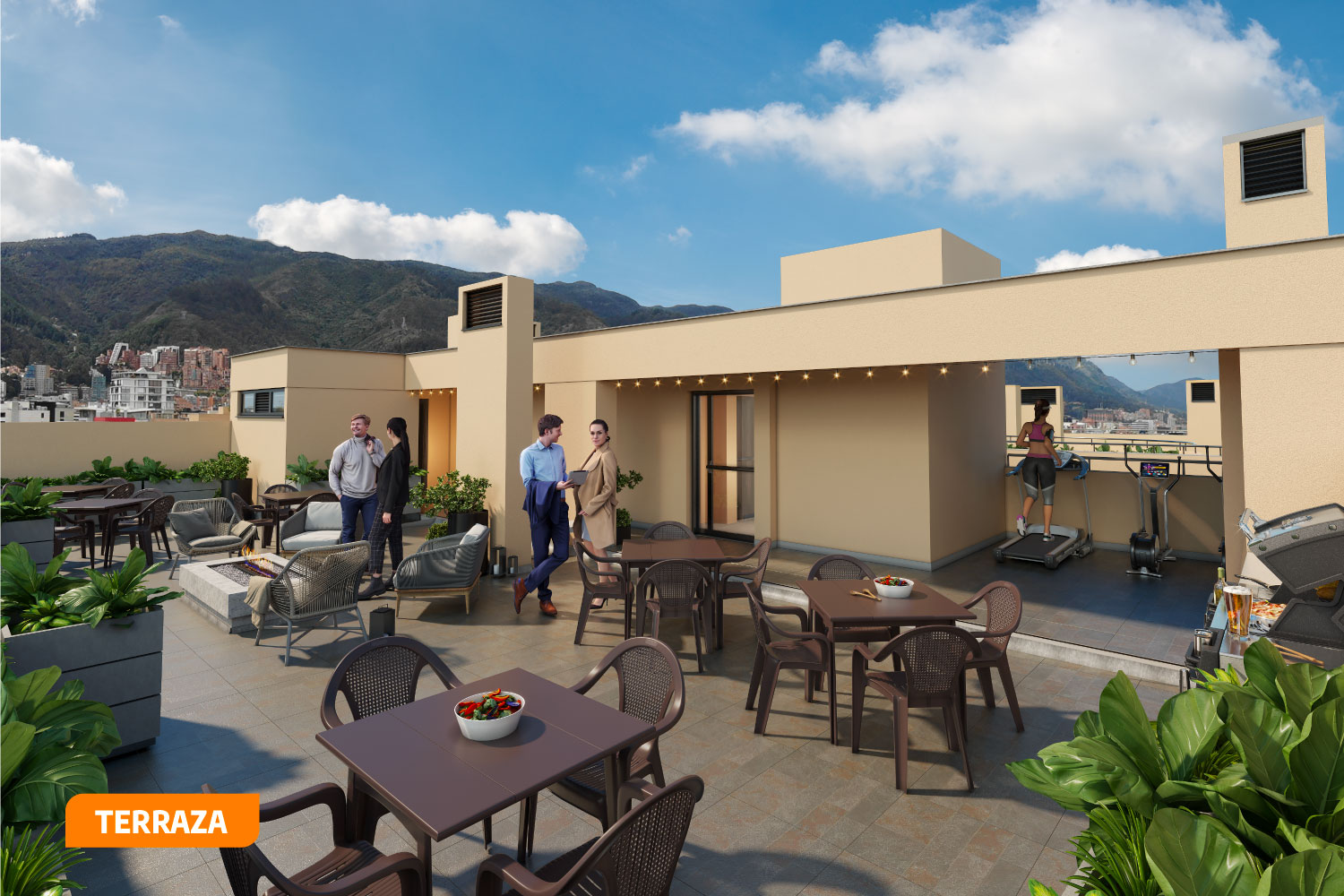 Terraza de TAKAI 128 Torre de Apartaestudios VIS con semiacabados en Suba, Bogotá.